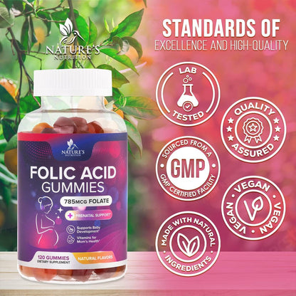 Folsäure Gummis für Frauen - 785 mcg Folat pro Gummi - Essentielle pränatale Vitamine für Mutter & Baby, vegane Folsäure-Gummis, tägliches B9-Vitamin vor, während und nach der Schwangerschaft - 120 Gummis