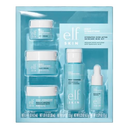 e.l.f. SKIN Holy Hydration! Hydrated Ever After Hautpflege Mini-Set – Reiniger, Make-up-Entferner, Feuchtigkeitscreme & Augencreme für hydratisierte Haut, flugzeugfreundliche Größen