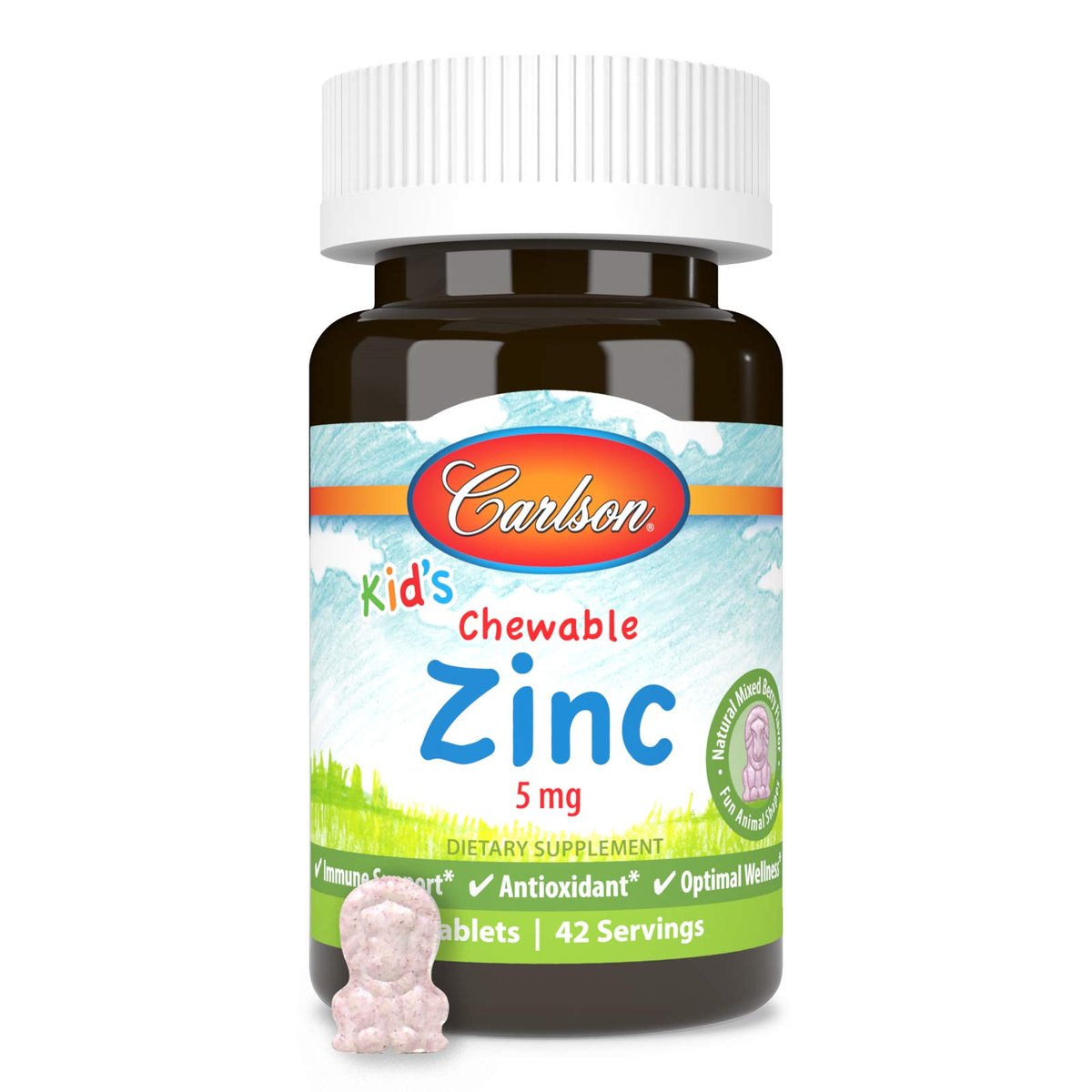 Carlson - Kid's Chewable Zink 5 mg - Immunstärkung & Antioxidantien - Natürlicher Mixbeerengeschmack - 42 Kautabletten