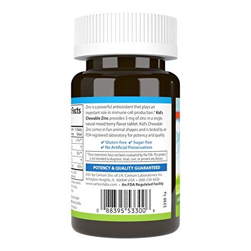 Carlson - Kid's Chewable Zink 5 mg - Immunstärkung & Antioxidantien - Natürlicher Mixbeerengeschmack - 42 Kautabletten