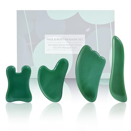 Rena Chris Guasha Massage Tool – 4-teiliges Gua Sha Gesichtswerkzeug, Jade Guasha Board für SPA Akupunktur Therapie Triggerpunkt Behandlung (Grün)