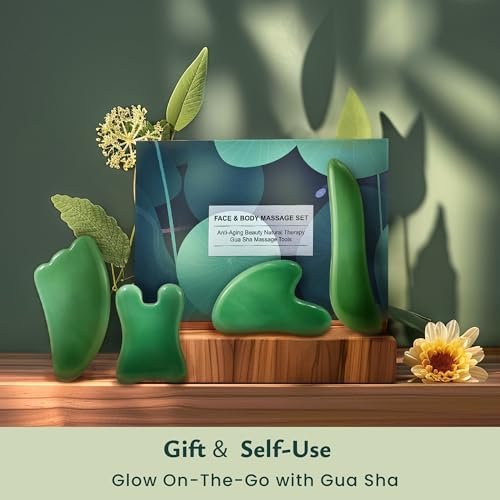 Rena Chris Guasha Massage Tool – 4-teiliges Gua Sha Gesichtswerkzeug, Jade Guasha Board für SPA Akupunktur Therapie Triggerpunkt Behandlung (Grün)