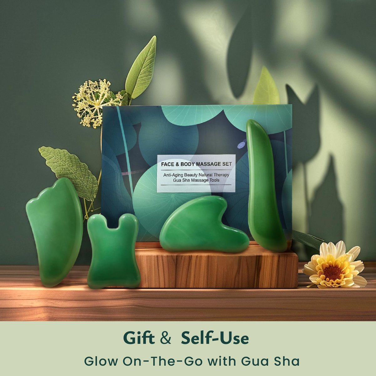 Rena Chris Guasha Massage Tool – 4-teiliges Gua Sha Gesichtswerkzeug, Jade Guasha Board für SPA Akupunktur Therapie Triggerpunkt Behandlung (Grün)