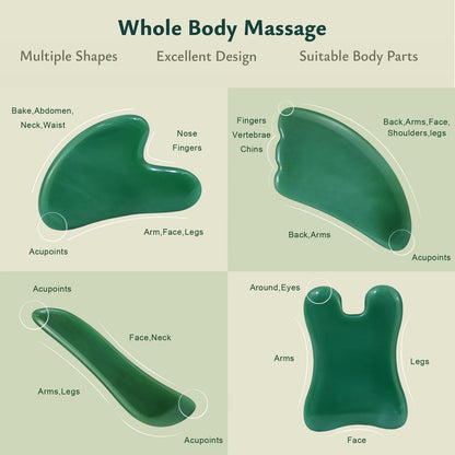 Rena Chris Guasha Massage Tool – 4-teiliges Gua Sha Gesichtswerkzeug, Jade Guasha Board für SPA Akupunktur Therapie Triggerpunkt Behandlung (Grün)