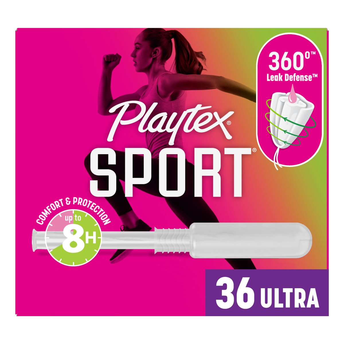 Playtex Sport Tampons Ultra Absorbency, Duftfrei - 36 Stück | Ultradünne Tampons für Frauen mit 360-Grad-Leak-Defense