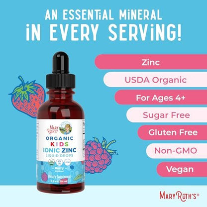 MaryRuth Organics Zink-Ergänzung für Immununterstützung, Immununterstützung für Kinder von 4-13 Jahren, Zinksulfat, vegan, USDA Bio, auf Glycerinbasis, 60 ml