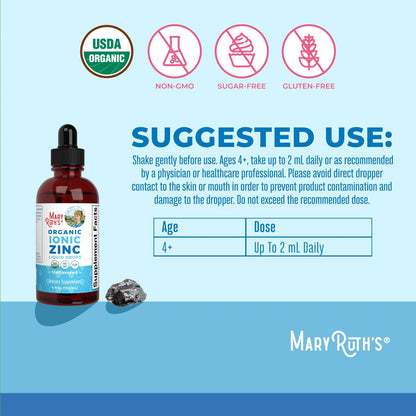 MaryRuth Organics Zink-Ergänzung für Immununterstützung, Immununterstützung für Kinder von 4-13 Jahren, Zinksulfat, vegan, USDA Bio, auf Glycerinbasis, 60 ml