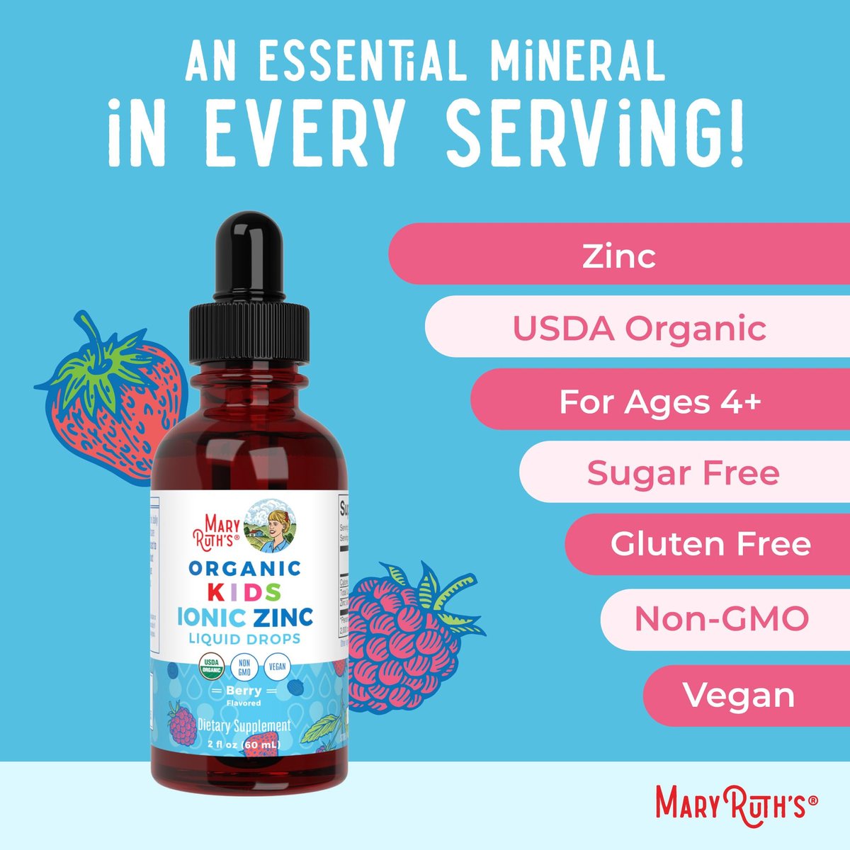 MaryRuth Organics Zink-Ergänzung für Immununterstützung, Immununterstützung für Kinder von 4-13 Jahren, Zinksulfat, vegan, USDA Bio, auf Glycerinbasis, 60 ml
