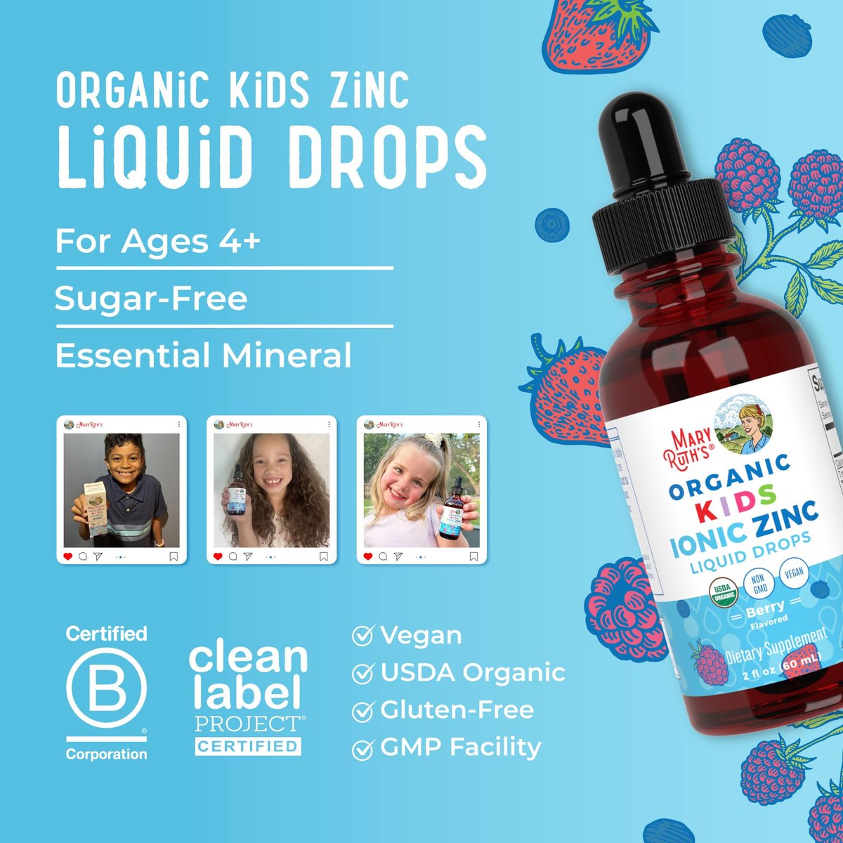 MaryRuth Organics Zink-Ergänzung für Immununterstützung, Immununterstützung für Kinder von 4-13 Jahren, Zinksulfat, vegan, USDA Bio, auf Glycerinbasis, 60 ml