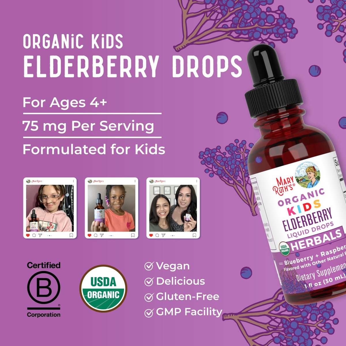 MARYRUTH'S USDA Bio Holunder Liquid Drops für Kinder | Vegane Holunder-Extrakt mit Bio-Glycerin | Immunsystem-Unterstützung | Allgemeine Gesundheit | Für 4-13 Jahre | 30 ml