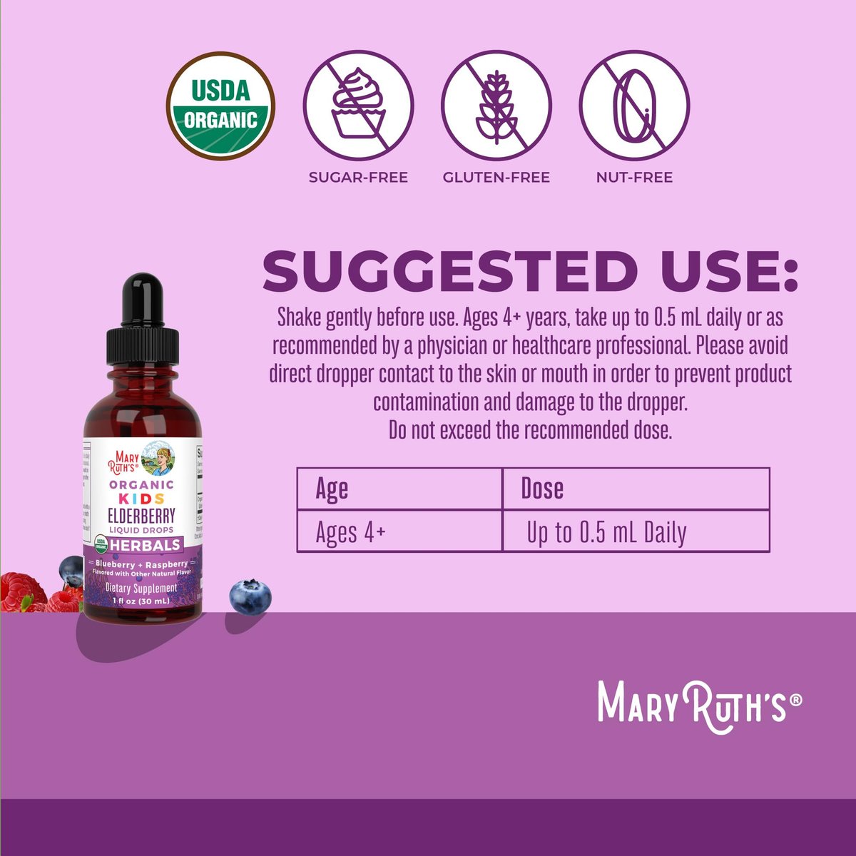 MARYRUTH'S USDA Bio Holunder Liquid Drops für Kinder | Vegane Holunder-Extrakt mit Bio-Glycerin | Immunsystem-Unterstützung | Allgemeine Gesundheit | Für 4-13 Jahre | 30 ml