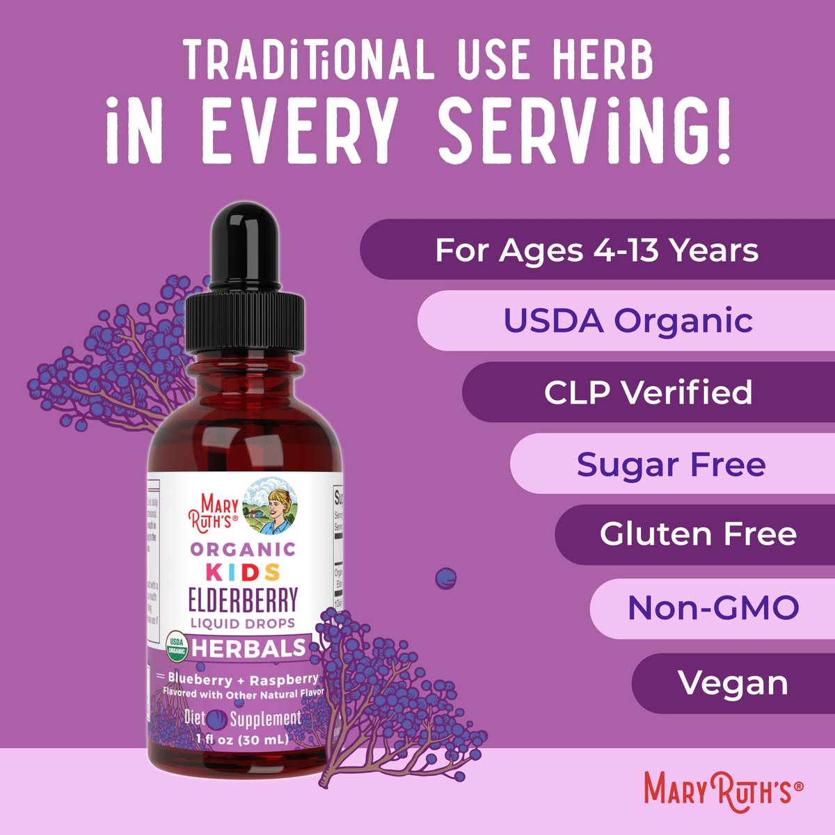 MARYRUTH'S USDA Bio Holunder Liquid Drops für Kinder | Vegane Holunder-Extrakt mit Bio-Glycerin | Immunsystem-Unterstützung | Allgemeine Gesundheit | Für 4-13 Jahre | 30 ml