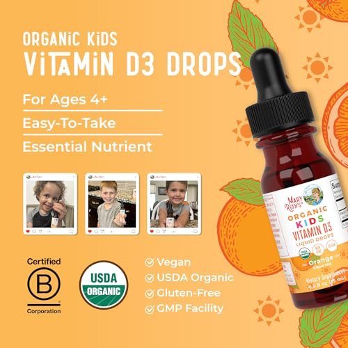 MARYRUTH'S USDA Bio Vitamin D3 Flüssigtropfen für Kinder | 640 IE Vitamin D3 pro Portion | Immununterstützung & Knochengesundheit | Für Kinder von 4-13 Jahren | 0,5 Unzen | 30 Portionen