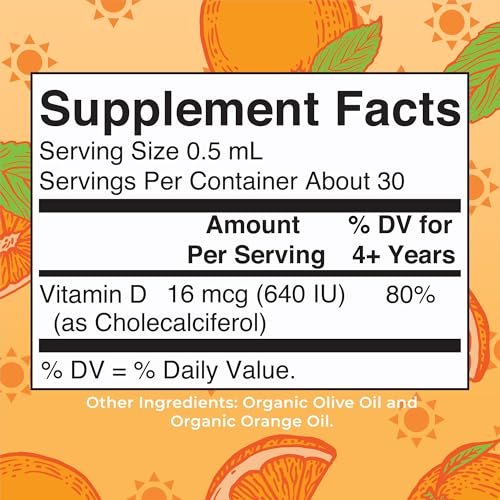 MARYRUTH'S USDA Bio Vitamin D3 Flüssigtropfen für Kinder | 640 IE Vitamin D3 pro Portion | Immununterstützung & Knochengesundheit | Für Kinder von 4-13 Jahren | 0,5 Unzen | 30 Portionen