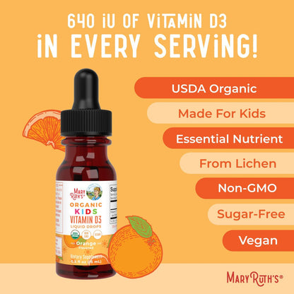 MARYRUTH'S USDA Bio Vitamin D3 Flüssigtropfen für Kinder | 640 IE Vitamin D3 pro Portion | Immununterstützung & Knochengesundheit | Für Kinder von 4-13 Jahren | 0,5 Unzen | 30 Portionen