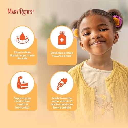 MARYRUTH'S USDA Bio Vitamin D3 Flüssigtropfen für Kinder | 640 IE Vitamin D3 pro Portion | Immununterstützung & Knochengesundheit | Für Kinder von 4-13 Jahren | 0,5 Unzen | 30 Portionen