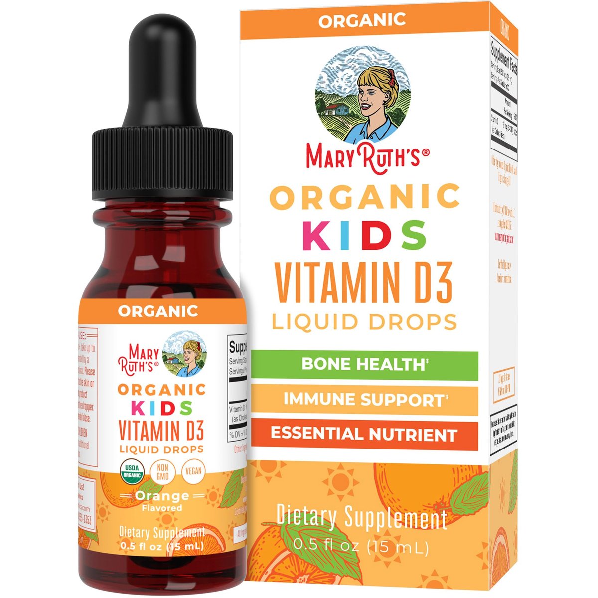 MARYRUTH'S USDA Bio Vitamin D3 Flüssigtropfen für Kinder | 640 IE Vitamin D3 pro Portion | Immununterstützung & Knochengesundheit | Für Kinder von 4-13 Jahren | 0,5 Unzen | 30 Portionen