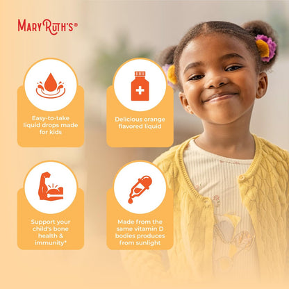 MARYRUTH'S USDA Bio Vitamin D3 Flüssigtropfen für Kinder | 640 IE Vitamin D3 pro Portion | Immununterstützung & Knochengesundheit | Für Kinder von 4-13 Jahren | 0,5 Unzen | 30 Portionen