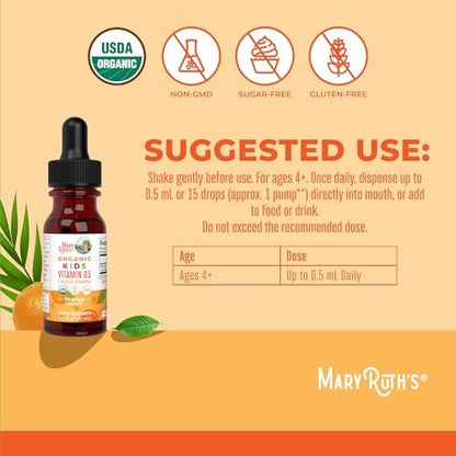MARYRUTH'S USDA Bio Vitamin D3 Flüssigtropfen für Kinder | 640 IE Vitamin D3 pro Portion | Immununterstützung & Knochengesundheit | Für Kinder von 4-13 Jahren | 0,5 Unzen | 30 Portionen