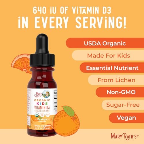 MARYRUTH'S USDA Bio Vitamin D3 Flüssigtropfen für Kinder | 640 IE Vitamin D3 pro Portion | Immununterstützung & Knochengesundheit | Für Kinder von 4-13 Jahren | 0,5 Unzen | 30 Portionen