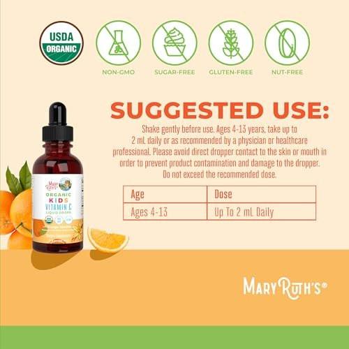 MARYRUTH'S Vitamin C Tropfen für Kinder | Veganes Immunsystem-Supplement für 4-13 Jahre | Immununterstützung & allgemeine Gesundheit | Vitamin C aus biologischem Acerola-Fruchtextrakt | 60 ml