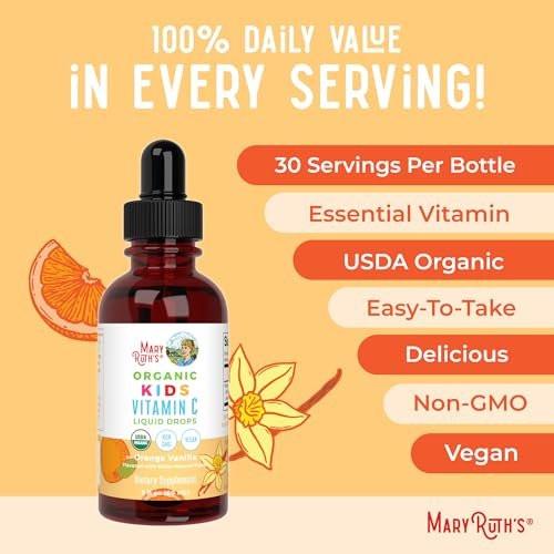 MARYRUTH'S Vitamin C Tropfen für Kinder | Veganes Immunsystem-Supplement für 4-13 Jahre | Immununterstützung & allgemeine Gesundheit | Vitamin C aus biologischem Acerola-Fruchtextrakt | 60 ml