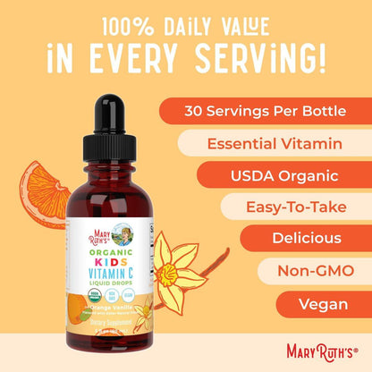 MARYRUTH'S Vitamin C Tropfen für Kinder | Veganes Immunsystem-Supplement für 4-13 Jahre | Immununterstützung & allgemeine Gesundheit | Vitamin C aus biologischem Acerola-Fruchtextrakt | 60 ml