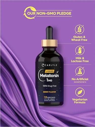 Carlyle Melatonin Liquid 1mg – 118 ml Tropfen mit Beerengeschmack – Nicht-GMO, Vegetarisches Schlafmittel