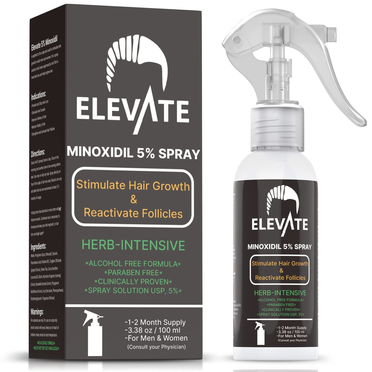 ELEVATE 5% Minoxidil Haarwachstumsspray - Alkoholfrei, Nicht Fettend, Extra Stark, Professionelle Behandlung gegen Haarausfall/Haarwachstum - Stimuliert Haarfollikel für Männer & Frauen - 1 Monatsvorrat