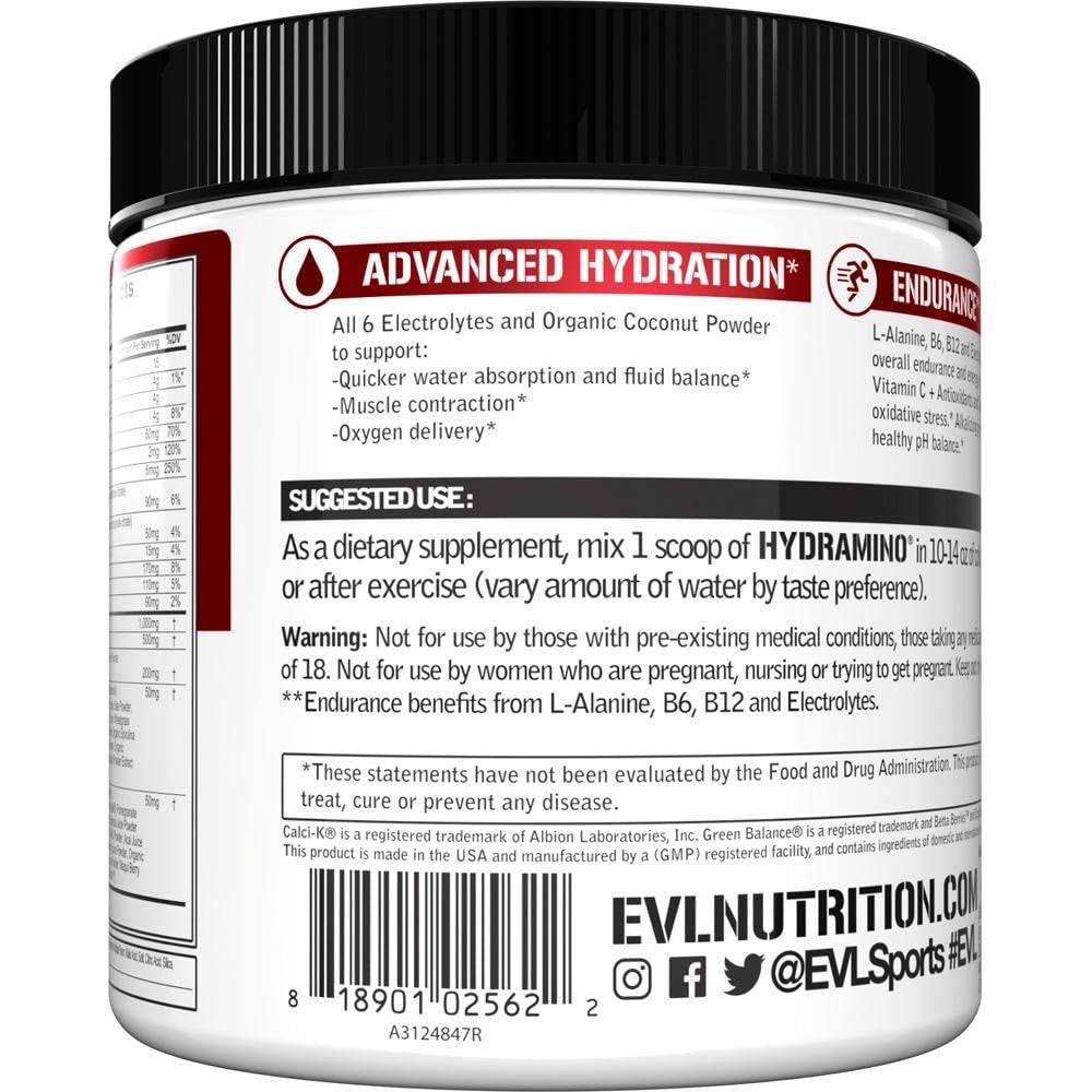 Evlution Nutrition HYDRAMINO Complete Hydration Multiplier – Alle 6 Elektrolyte, Vitamin C & B, Aminosäuren, Kokoswasser, Fruchtpunsch, 30 Portionen