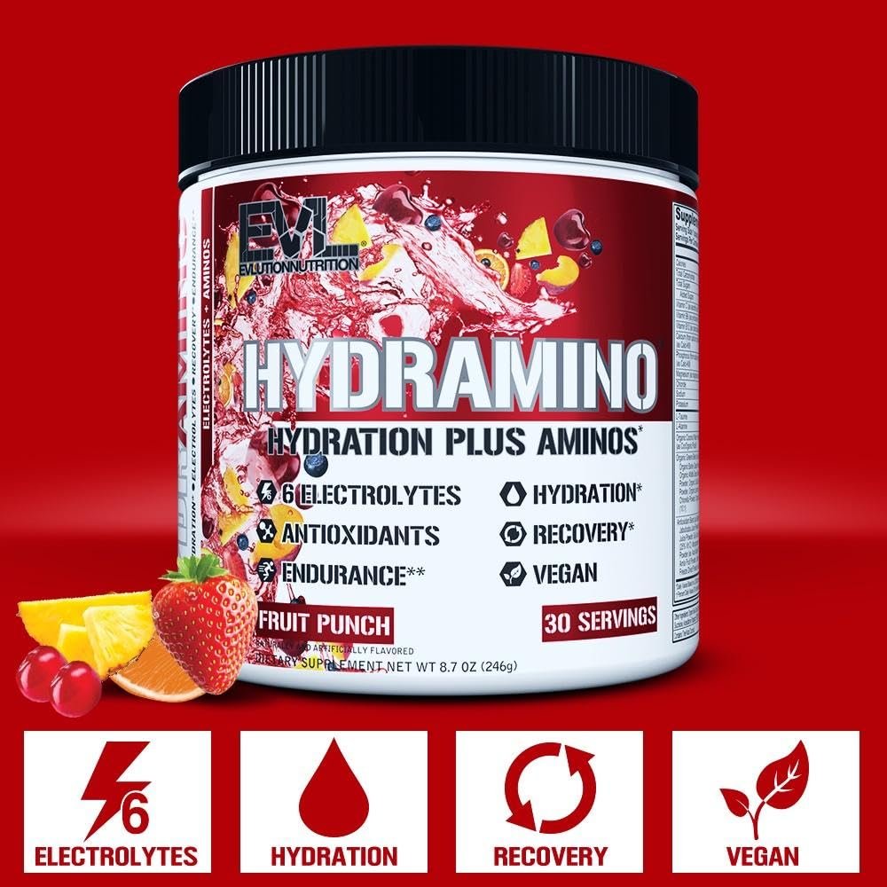 Evlution Nutrition HYDRAMINO Complete Hydration Multiplier – Alle 6 Elektrolyte, Vitamin C & B, Aminosäuren, Kokoswasser, Fruchtpunsch, 30 Portionen
