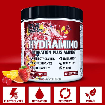 Evlution Nutrition HYDRAMINO Complete Hydration Multiplier – Alle 6 Elektrolyte, Vitamin C & B, Aminosäuren, Kokoswasser, Fruchtpunsch, 30 Portionen