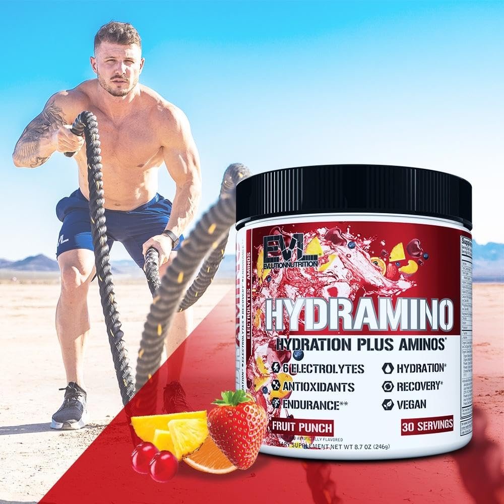 Evlution Nutrition HYDRAMINO Complete Hydration Multiplier – Alle 6 Elektrolyte, Vitamin C & B, Aminosäuren, Kokoswasser, Fruchtpunsch, 30 Portionen