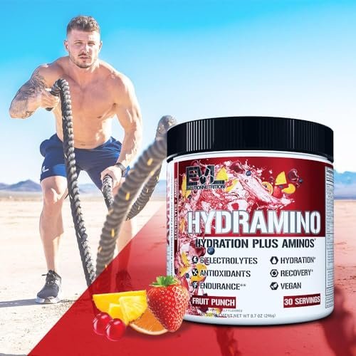 Evlution Nutrition HYDRAMINO Complete Hydration Multiplier – Alle 6 Elektrolyte, Vitamin C & B, Aminosäuren, Kokoswasser, Fruchtpunsch, 30 Portionen