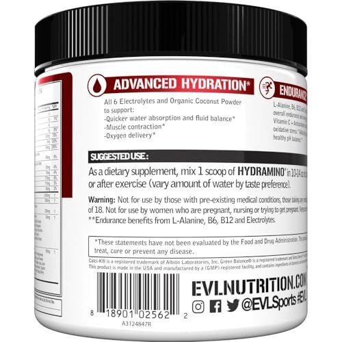 Evlution Nutrition HYDRAMINO Complete Hydration Multiplier – Alle 6 Elektrolyte, Vitamin C & B, Aminosäuren, Kokoswasser, Fruchtpunsch, 30 Portionen