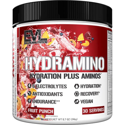 Evlution Nutrition HYDRAMINO Complete Hydration Multiplier – Alle 6 Elektrolyte, Vitamin C & B, Aminosäuren, Kokoswasser, Fruchtpunsch, 30 Portionen