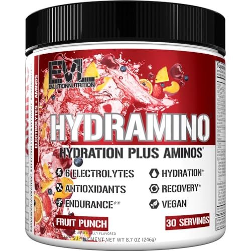 Evlution Nutrition HYDRAMINO Complete Hydration Multiplier – Alle 6 Elektrolyte, Vitamin C & B, Aminosäuren, Kokoswasser, Fruchtpunsch, 30 Portionen