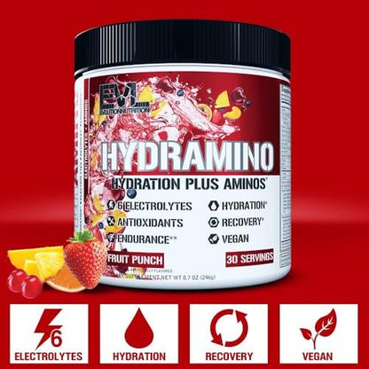 Evlution Nutrition HYDRAMINO Complete Hydration Multiplier – Alle 6 Elektrolyte, Vitamin C & B, Aminosäuren, Kokoswasser, Fruchtpunsch, 30 Portionen