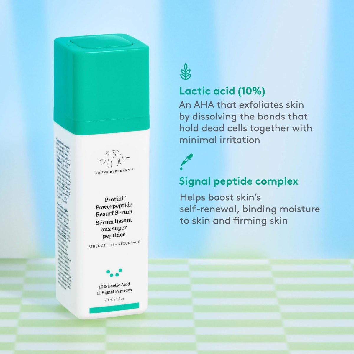 Drunk Elephant Protini Powerpeptide Resurf Serum – 30 ml – Peeling-Serum mit Milchsäure AHA – Klinische Hautpflege – Tierversuchsfrei – Ohne ätherische Öle, Silikone und Duftstoffe