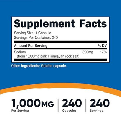Nutricost Rosa Himalaya Salz Kapseln 1000mg, 390mg Natrium, 240 Kapseln - Non-GMO, Glutenfrei
