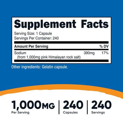 Nutricost Rosa Himalaya Salz Kapseln 1000mg, 390mg Natrium, 240 Kapseln - Non-GMO, Glutenfrei