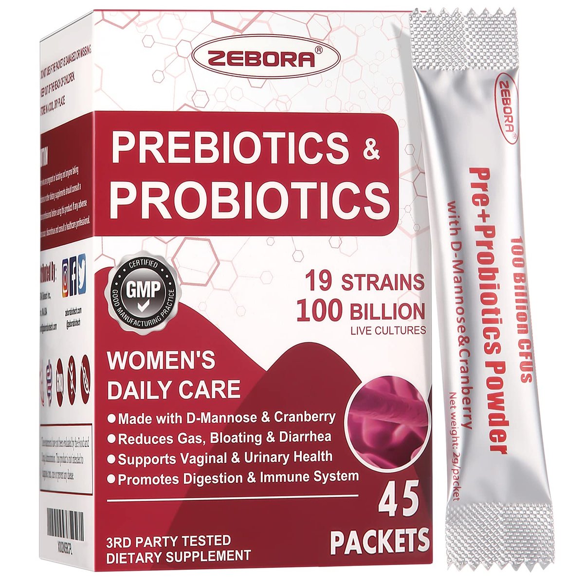 ZEBORA Probiotika für Frauen – 100 Milliarden KBE mit Präbiotika, D-Mannose & Cranberry für Verdauungs-, Immun- und weibliche UT-Gesundheit, Ultimative probiotische Frauenpflege, Soja- & Glutenfrei, 45 Portionsbeutel