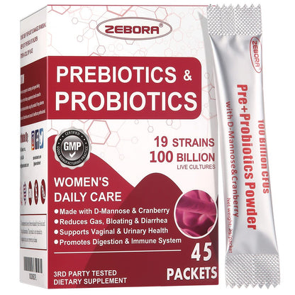 ZEBORA Probiotika für Frauen – 100 Milliarden KBE mit Präbiotika, D-Mannose & Cranberry für Verdauungs-, Immun- und weibliche UT-Gesundheit, Ultimative probiotische Frauenpflege, Soja- & Glutenfrei, 45 Portionsbeutel
