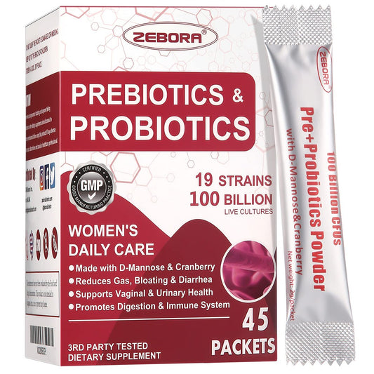 ZEBORA Probiotika für Frauen – 100 Milliarden KBE mit Präbiotika, D-Mannose & Cranberry für Verdauungs-, Immun- und weibliche UT-Gesundheit, Ultimative probiotische Frauenpflege, Soja- & Glutenfrei, 45 Portionsbeutel