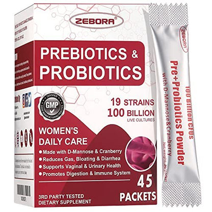 ZEBORA Probiotika für Frauen – 100 Milliarden KBE mit Präbiotika, D-Mannose & Cranberry für Verdauungs-, Immun- und weibliche UT-Gesundheit, Ultimative probiotische Frauenpflege, Soja- & Glutenfrei, 45 Portionsbeutel