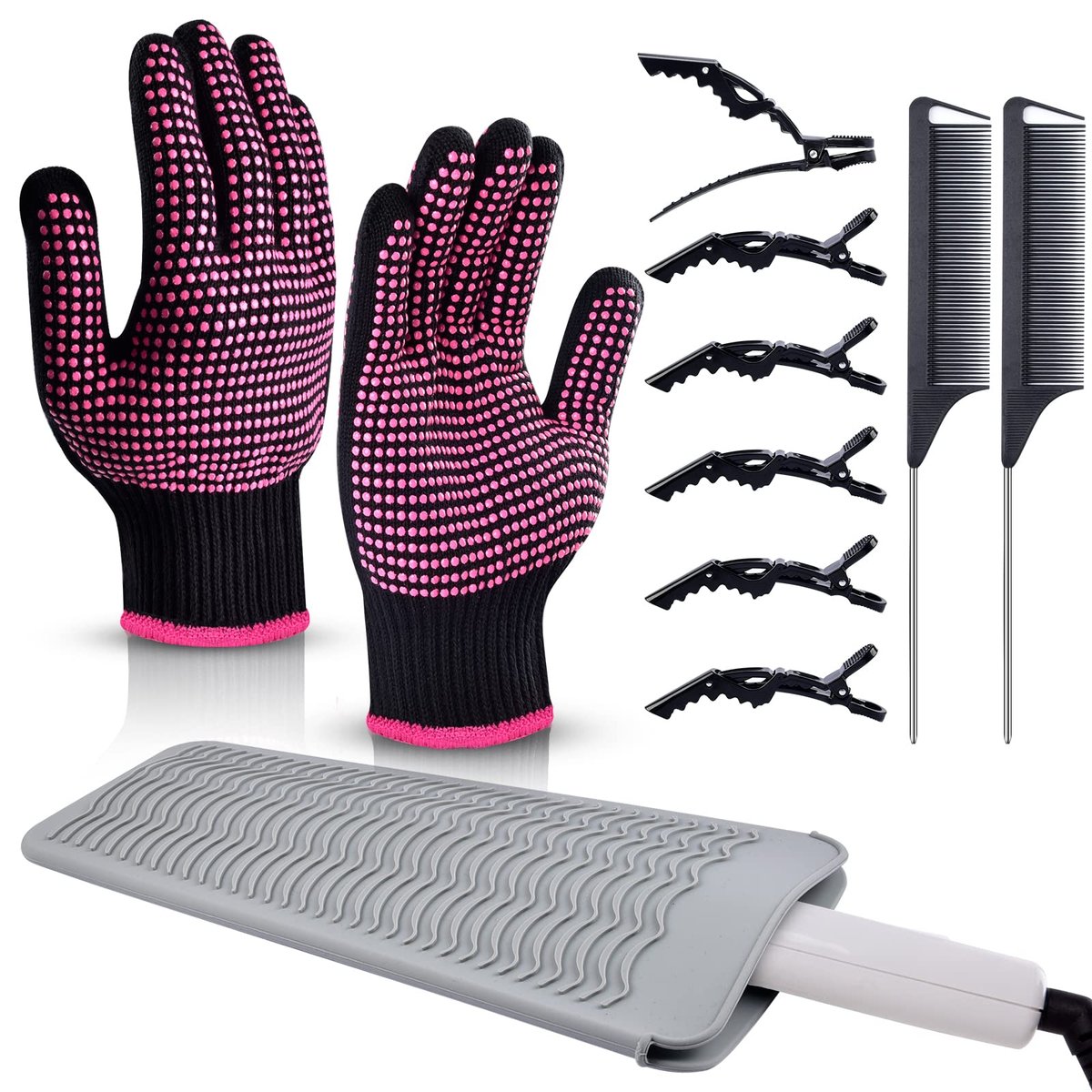 MORGLES Hitzebeständige Handschuhe, 2 Stück Profi-Hitzeschutzhandschuhe für Haarstyling, Silikon-Heißmatte, 6 Stück Haarklammern und 2 Stück Stylingkämme für Lockenstab und Glätteisen