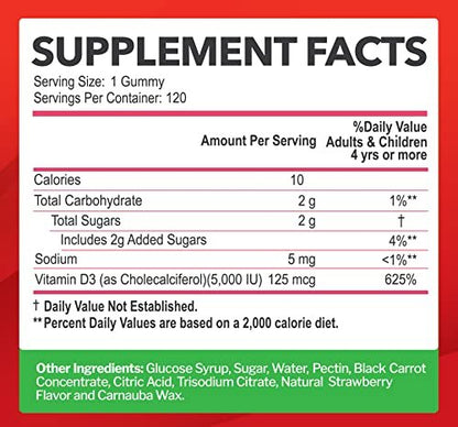Vitamin D3 5000IU / 10.000IU Gummis für Erwachsene & Kinder (120 Stück) – Maximale Unterstützung für Immunsystem, Knochen & Zähne – Glutenfrei, Nicht-GVO, Erdbeergeschmack – 4-Monatsvorrat