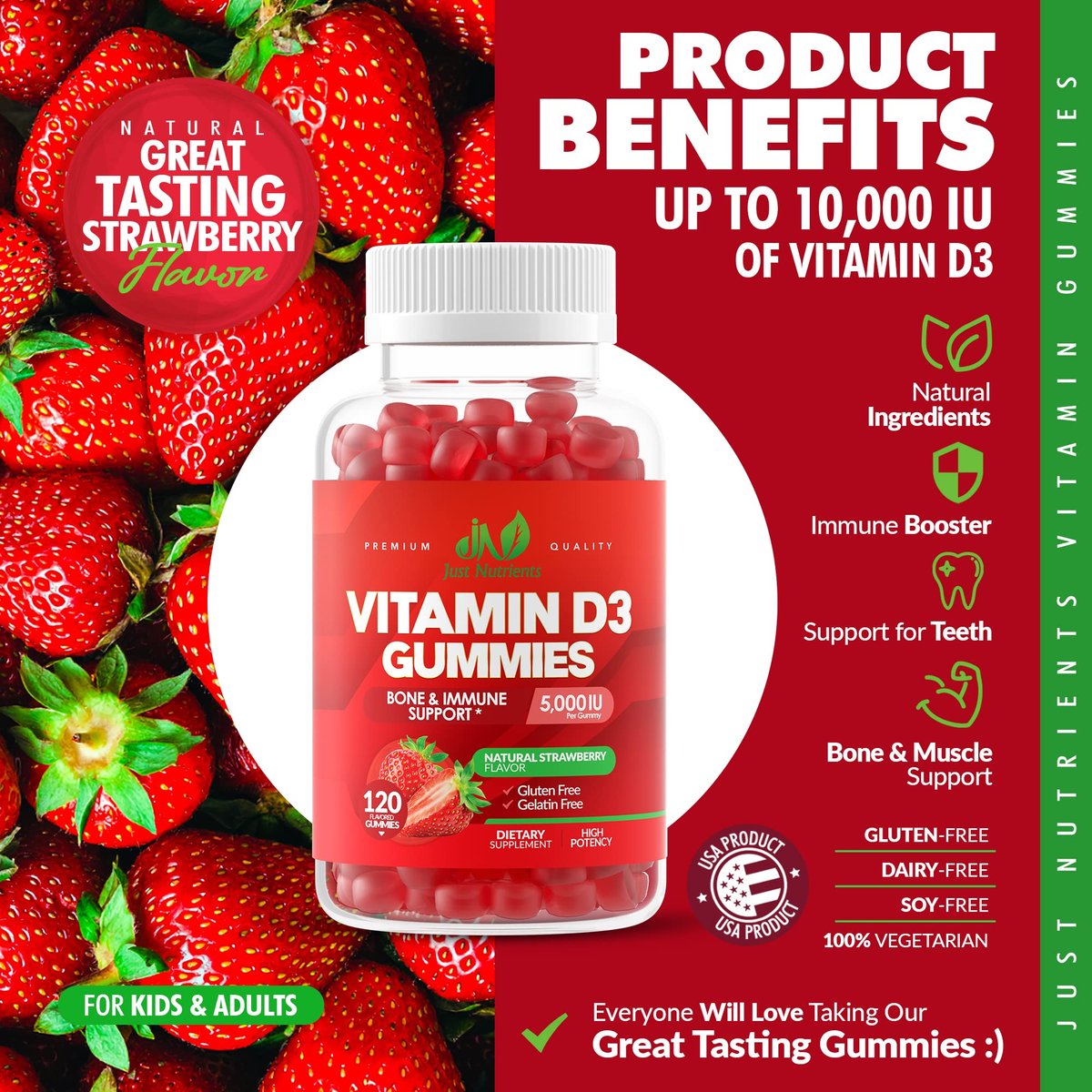 Vitamin D3 5000IU / 10.000IU Gummis für Erwachsene & Kinder (120 Stück) – Maximale Unterstützung für Immunsystem, Knochen & Zähne – Glutenfrei, Nicht-GVO, Erdbeergeschmack – 4-Monatsvorrat