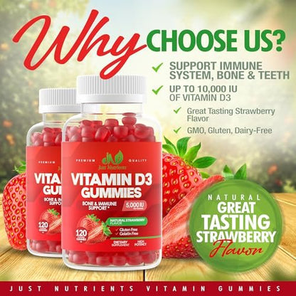 Vitamin D3 5000IU / 10.000IU Gummis für Erwachsene & Kinder (120 Stück) – Maximale Unterstützung für Immunsystem, Knochen & Zähne – Glutenfrei, Nicht-GVO, Erdbeergeschmack – 4-Monatsvorrat