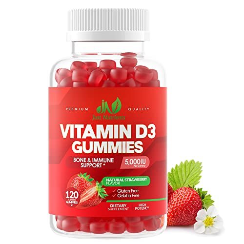 Vitamin D3 5000IU / 10.000IU Gummis für Erwachsene & Kinder (120 Stück) – Maximale Unterstützung für Immunsystem, Knochen & Zähne – Glutenfrei, Nicht-GVO, Erdbeergeschmack – 4-Monatsvorrat